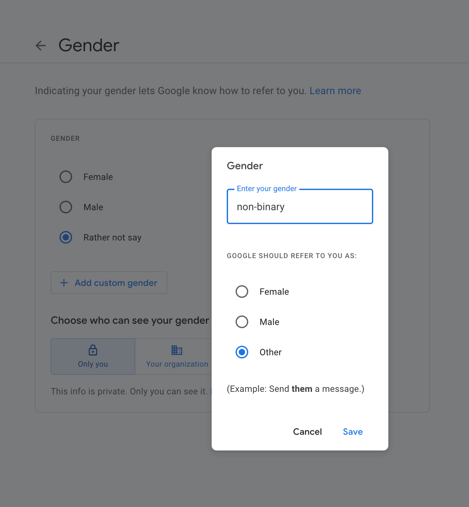 A screenshot of Google's input for entering a non-binary gender