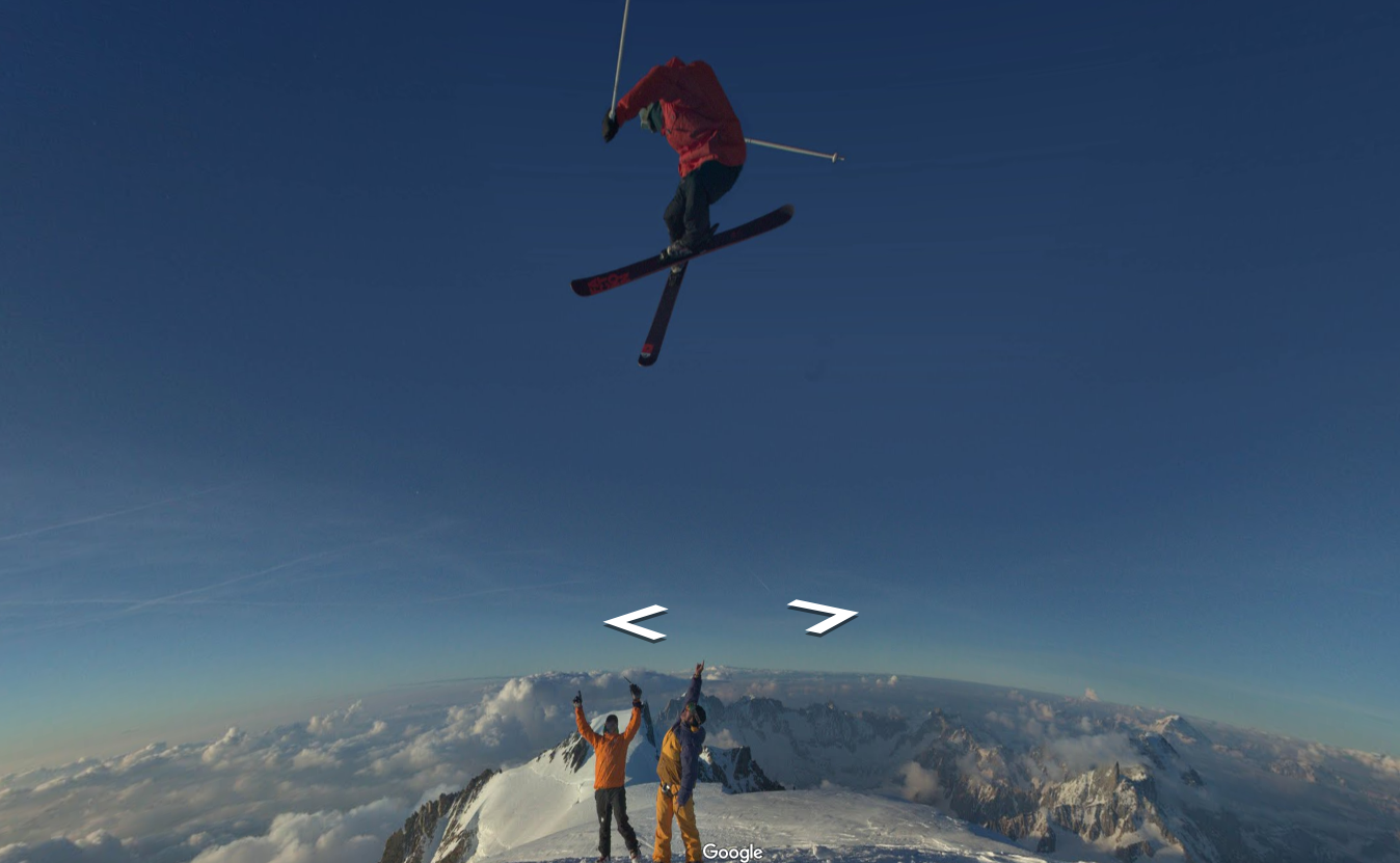 A Google Street View screenshot of a skier jumping over two other people high in a snowy mountainscape.