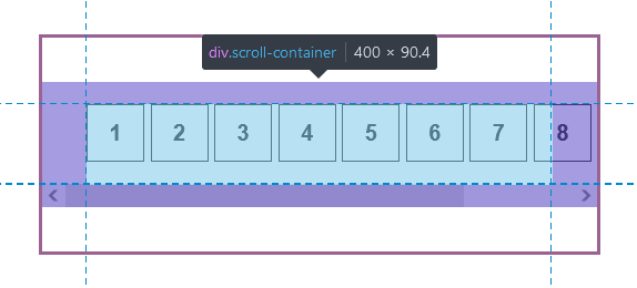 Screenshot of the .scroll-container element scrolled to its leftmost edge. The Dev Tools overlay shows a padding-left is applied and the child elements of the .scroll-container are some distance away from the left edge of the container, respecting the padding.