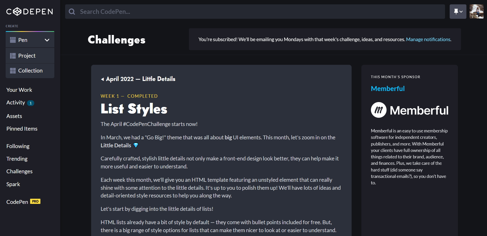 Screenshot of the Codepen List Styles Challenge page.